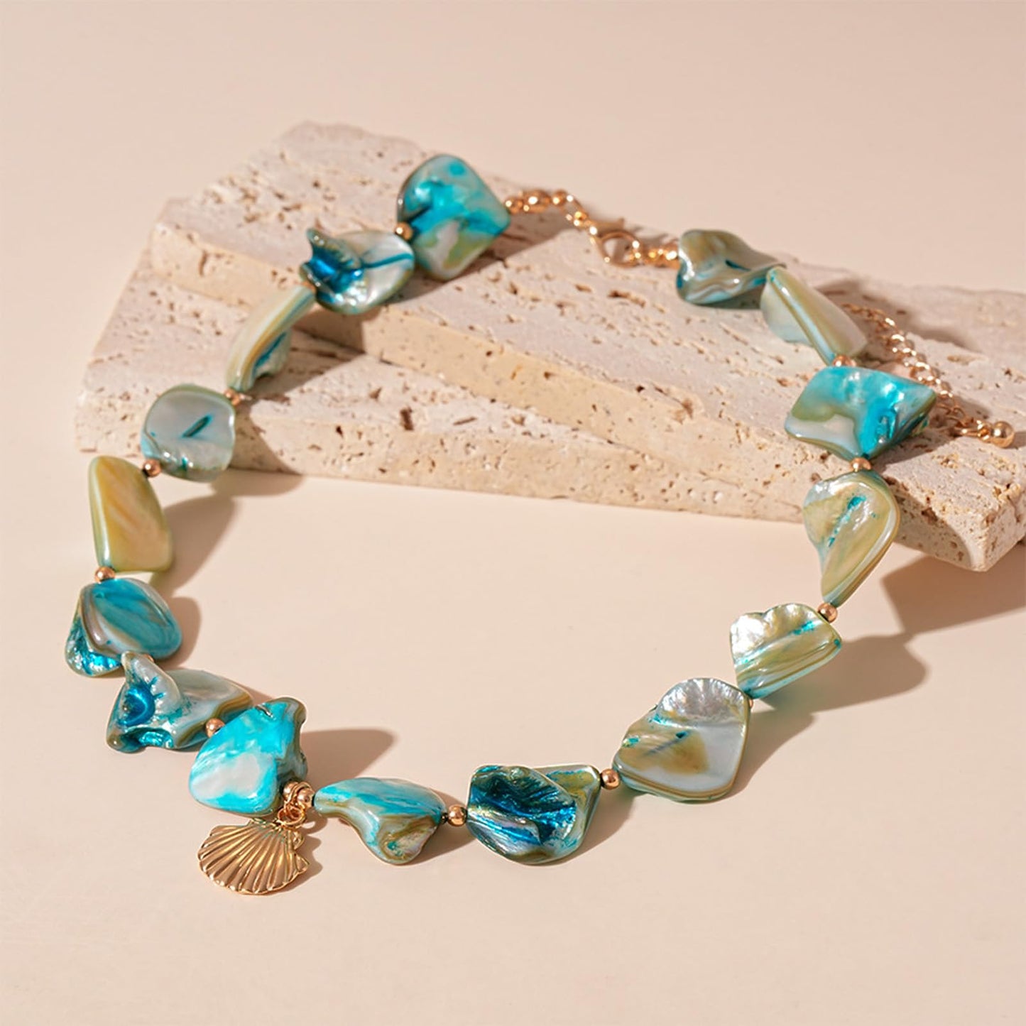 BYETOCE Metal Seashell Charm Necklace Blue Irregular Shell Pendant Necklace Boho Starfish Ocean Beaded Choker Summer Beach Fashion Statement Jewelry for Women Outfits Accessories