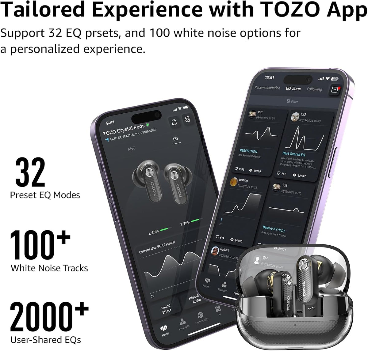 TOZO Crystal Pods Hybrid Active Noise Cancelling Wireless Earbuds, 10mm Drivers Deep Bass Stereo Sound, 4 Mics Smart ENC AI Calls, 32 EQ via App, Bluetooth 5.4 Headphones, Crystal Case Design