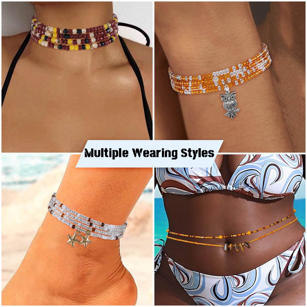 ELABEST 24-39inch African Waist Beads for Women 8Pcs Elastic Belly Beads Colorful Beaded Waist Jewelry Accessories Body Chain (Brown, 27.5inch/70cm)
