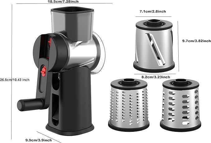 Rotary Cheese Grater Hand Crank with Foldable Handle, 3 Stainless Steel Blades, Perfect Graters for Kitchen, Manual Cheese Shredder Hand Crank with Suction Base, Rotary Grader, (Black)