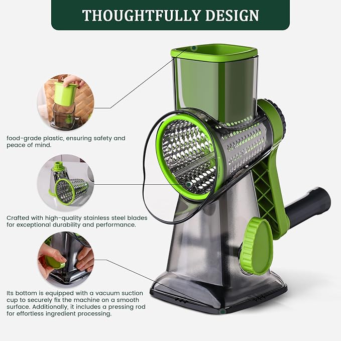 HANSGO Rotary Cheese Grater, Cheese Shredder, Labor-Saving Handle, Strong Suction Base, 3 Changeable Blades for Harder Cheeses, Vegetable, Nuts, Chocolate, Fruits, Safe & Easy to Clean