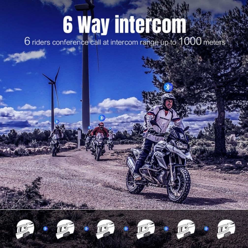 Fodsports FX6 Motorcycle Bluetooth Headset 2 Pack, 6 Riders Group Motorcycle Intercom Bluetooth, 1000M Motorbike Helmet Communication Systems/Voice Command/Universal Pairing/FM Radio