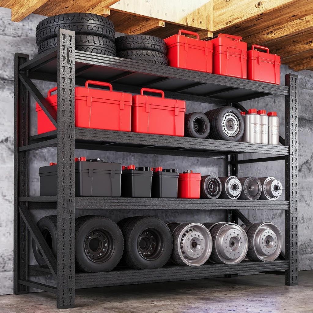 59" W Garage Shelving Heavy Duty, 4 Tier Metal Garage Shelves Adjustable Storage Shelving Unit for Garage, Warehouse, Industrial Shelves