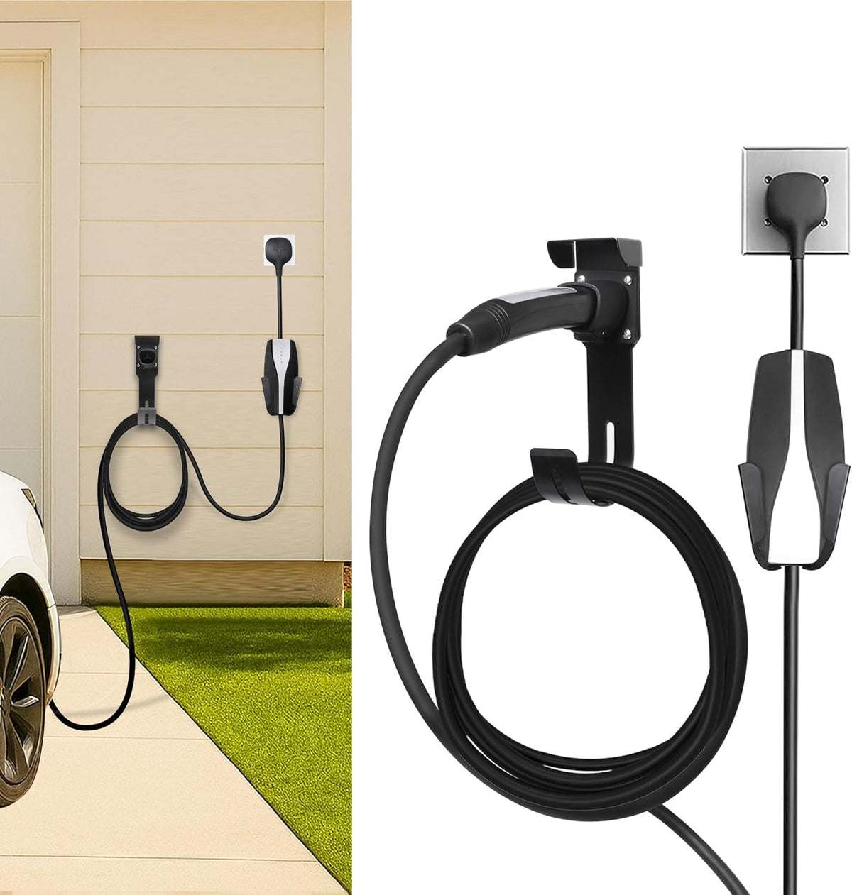 Tesla Charger Holder Wall Mount Kit, Black Mobile Connector Charging Cable Cord for Tesla Model for Indoor Outdoor Garage, Wall Mount Cable Organizer Bracket with UMC Holder