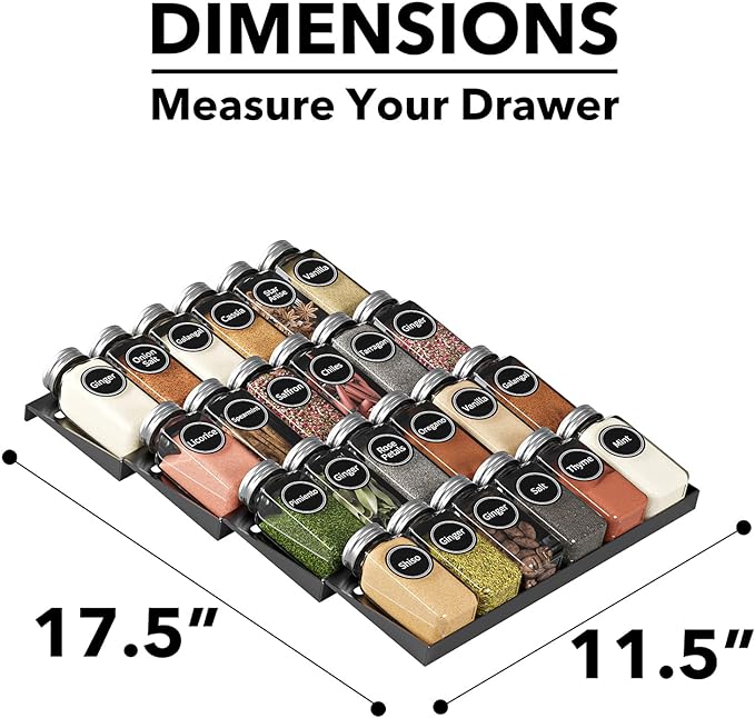 SpaceAid Spice Drawer Organizer with 24 Spice Jars, 386 Spice Labels, 4 Tier Seasoning Rack Tray Insert for Kitchen Drawers, 11.25" Wide x 17.5" Deep