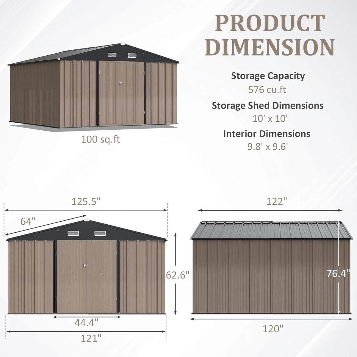 Greesum 10×10FT Outdoor Storage Shed, Metal Patio Storaged Sheds with Lockable Doors, Sheds & Outdoor Storage for Bike, Backyard, Pool and Garden, Brown