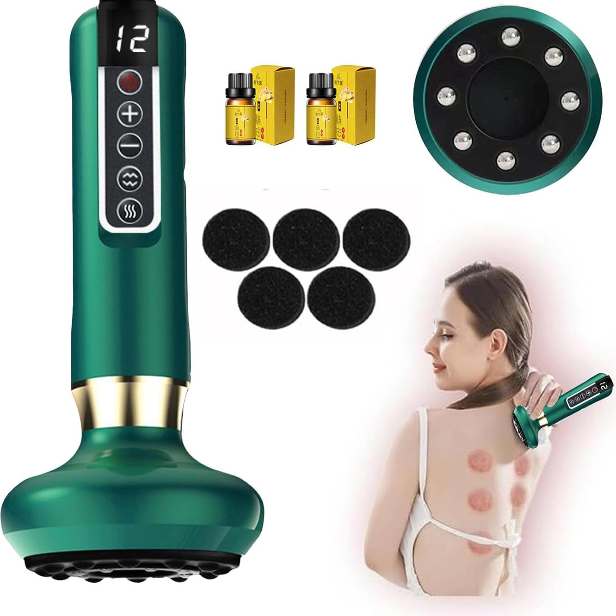 VHV Cellulite Massage Tool-Cupping Kit for Massage Therapy、Lymphatic Drainage Massager、12 Speed Adjustable Suction Cupping Therapy Set, Belly, Thighs, Arms, Butt.（Green