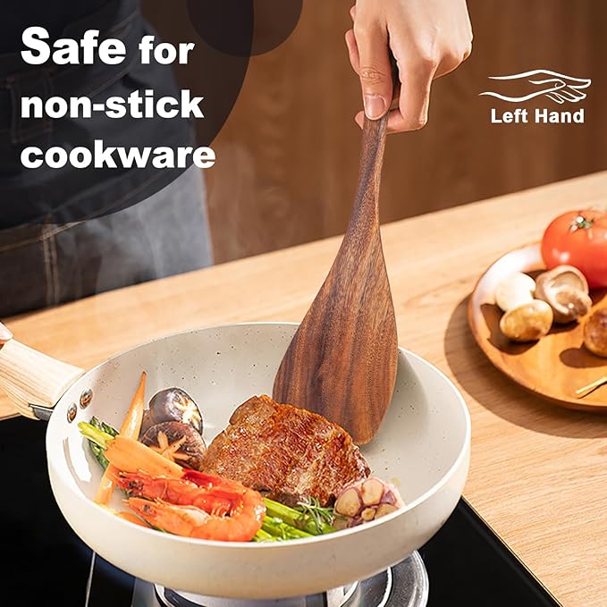 Jilla-hla Wooden Spatula Nonstick Turner Acacia Wood, Left Long Handle Flat Frying Spatulas Handmade for Kitchen Gifts, Ideal Cookware Utensils for Cooking Eggs, Fish, Pancakes