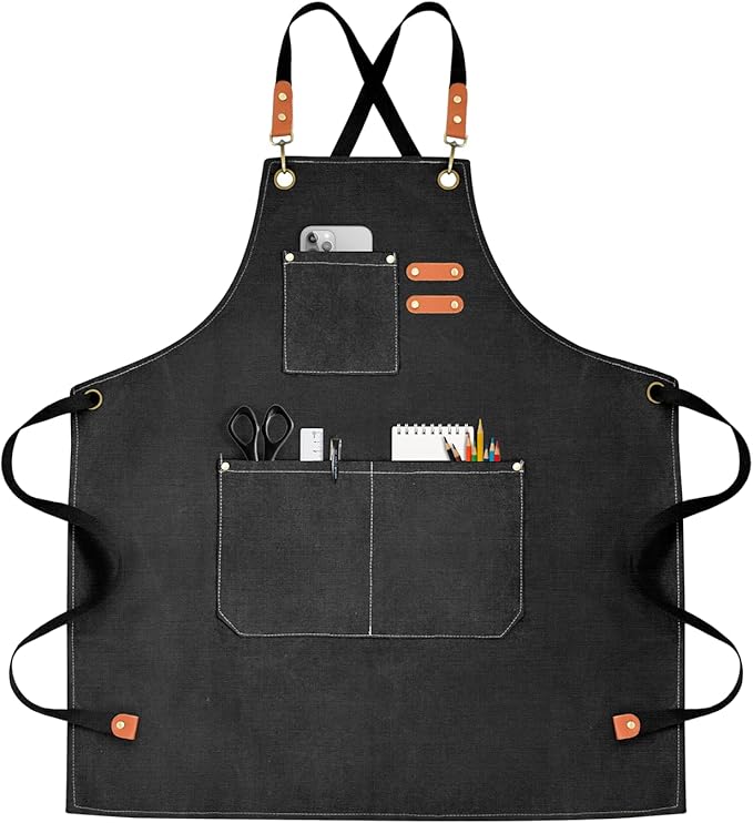 OUNLEN Chef Apron for Men Women Canvas Aprons with 3 Pockets Cross Back Resistant Work Apron for Cooking