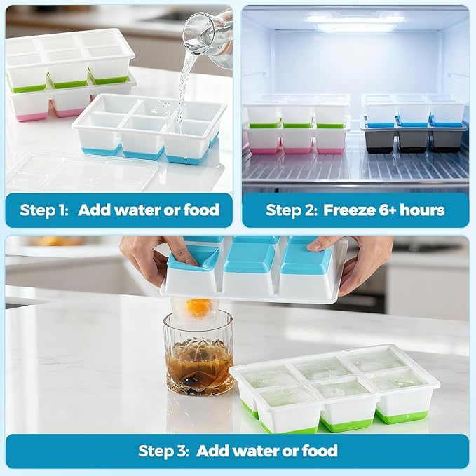 Large Ice Cube Trays 2 Pack, Easy Release 2.4" Super Big Ice Cubes, Stackable Ice Trays for Freezer, Silicone Cocktail, Whiskey Ice Cubes Mold with Lid, Dishwasher Safe - BPA Free