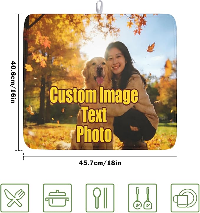 Personalized Dish Drying Mat for Kitchen Counter,Customized Drying Mats with Photo Text Image 16 x 18 Inch with High Absorbent Microfiber Drainer Mat for Coffee Bar