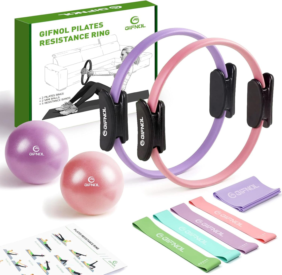 Pilates Ring and Ball Set with Resistance Bands - Pilates Equipment for Home Workout - 14'' & 12'' Pilates Rings, 2 Pilates Balls, 5 Resistance Bands for Toning Arms, Thighs/Legs & Core