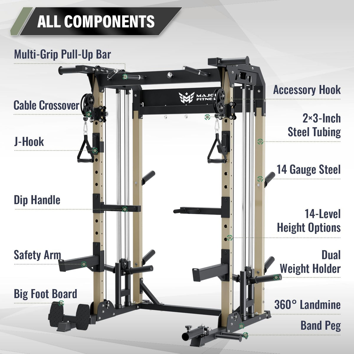 MAJOR FITNESS F22 Multi-Functional Power Rack—1600lbs Capacity All-in-One Squat Rack with Dual Pulley System for Home Gym Strength Training