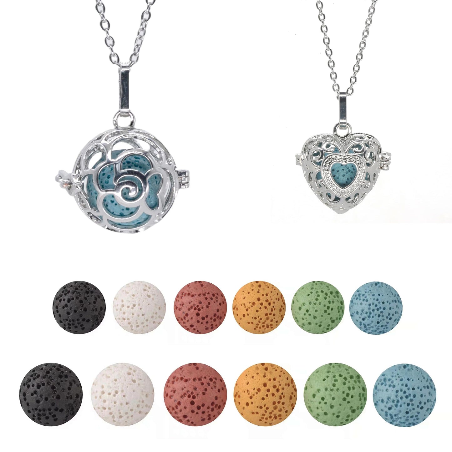 2PCS Essential Oil Diffuser Necklace Aromatherapy Lava Bead Stone Little Love Heart and Hollow Ball Locket Necklace Pendant with for Women