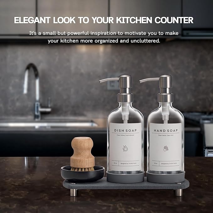 [Luxury] Kitchen Soap Dispenser Set - 16OZ Clear Glass Bottle, Stainless Steel Pump, Instant Dry Tray, Waterproof Labels, Non-Slip Silicone Pad, and Dish Brush | Upgrade for Your Kitchen and Bathroom