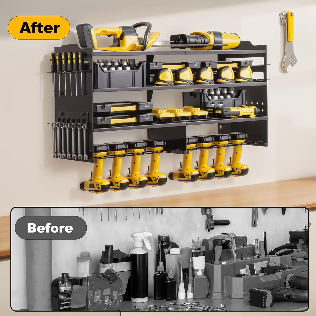 oviitech Power Tool Organizer Wall Mount, 8 Drill Holder Wall Mount Loads 400lbs, 4 Layer Heavy Duty Metal Power Tool Storage, Black, Utility Rack for Garage Workshop, Gifts for Men