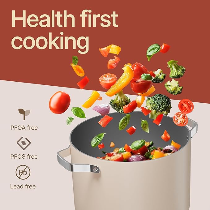 Bakken 12.5 Quart Ceramic Coated Stock Pot with Lid, Easy Clean Nonstick Pot, Tempered Glass Lid, Riveted Stainless Steel Handles, Oven Safe Up To 500°F, PTFE & PFAS Free, All Stove Compatible, Cream