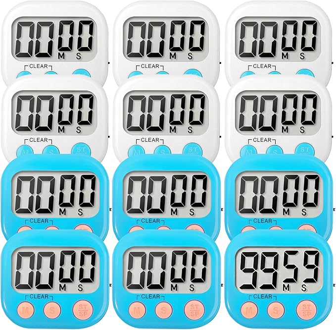 12 Pack Digital Kitchen Timer Small Classroom Timers for Kids Teachers (Blue&White)