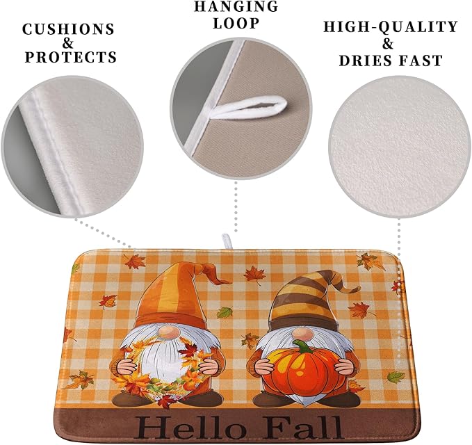 Hello Fall Autumn Gnomes Dish Drying Mat 18x24 Thanksgiving Pumpkin Maple Leaves Harvest Kitchen Drying Mat Orange White Buffalo Plaid Dish Drainer Mat Ultra Absorbent Dish Rack Pad for Coffee Bar