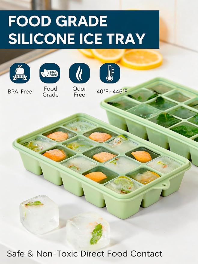 Silicone Ice Cube Tray, 2 Pack Ice Trays for Freezer with Lid, Easy Release and Stackable Silicone Ice Molds, Covered Ice Cube Trays for Cocktails, Whiskey, Coffee (Green)