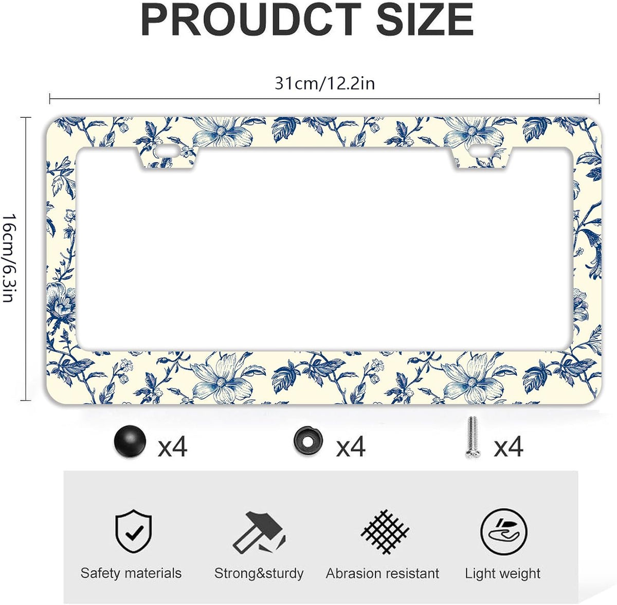 Blue Floral Flowers License Plate Frames - 2 Pcs Set 2 Holes Stainless Steel Metal Auto Car Accessories Decoration License Plate Frame Cover Size 6.3" x 12.2" Fit US Vehicles for Women Men Gift