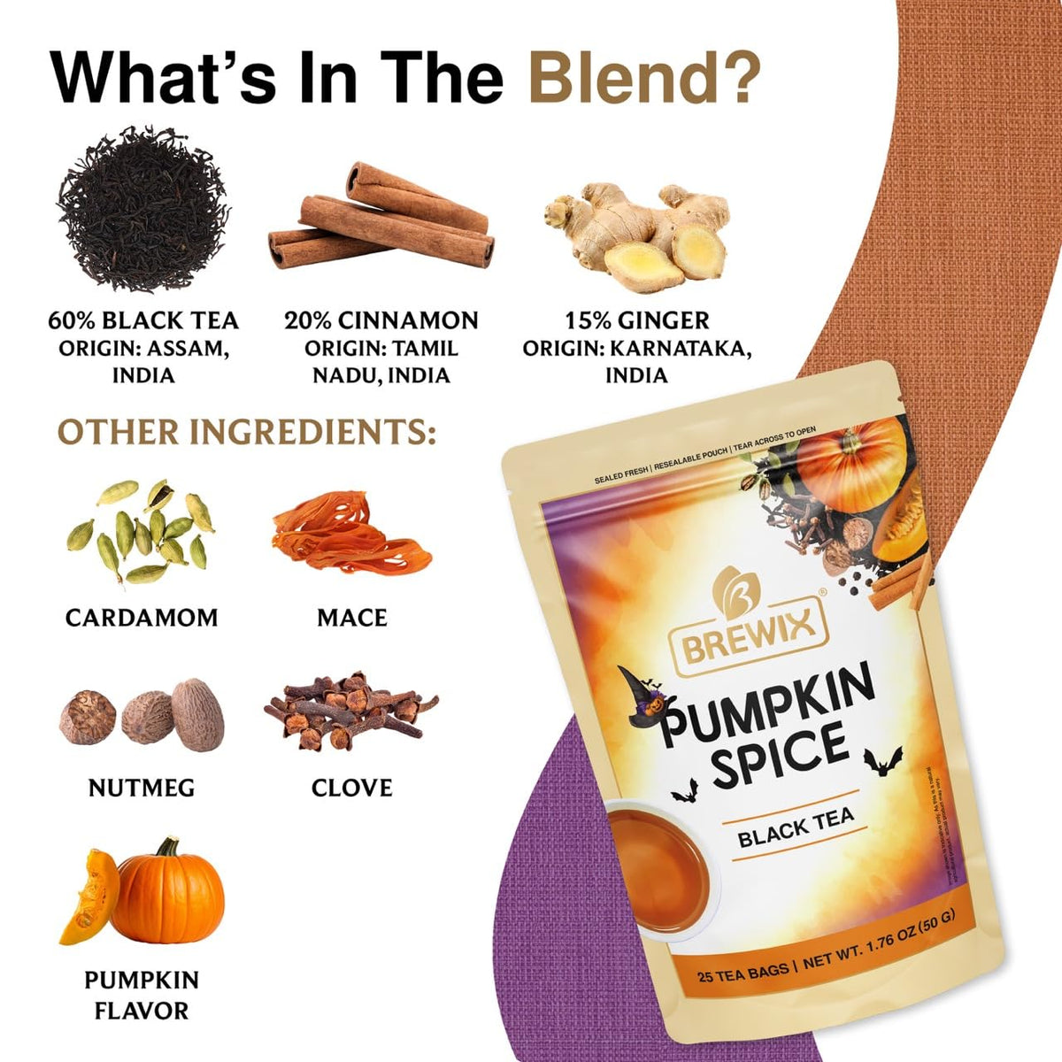 BREWIX, Pumpkin Spice Black Tea Bags (25 Pyramid Bags) | Cozy Fall Blend with Cinnamon, Ginger, Nutmeg & Clove | Caffeinated, Warm & Aromatic | Perfect for Autumn & Halloween