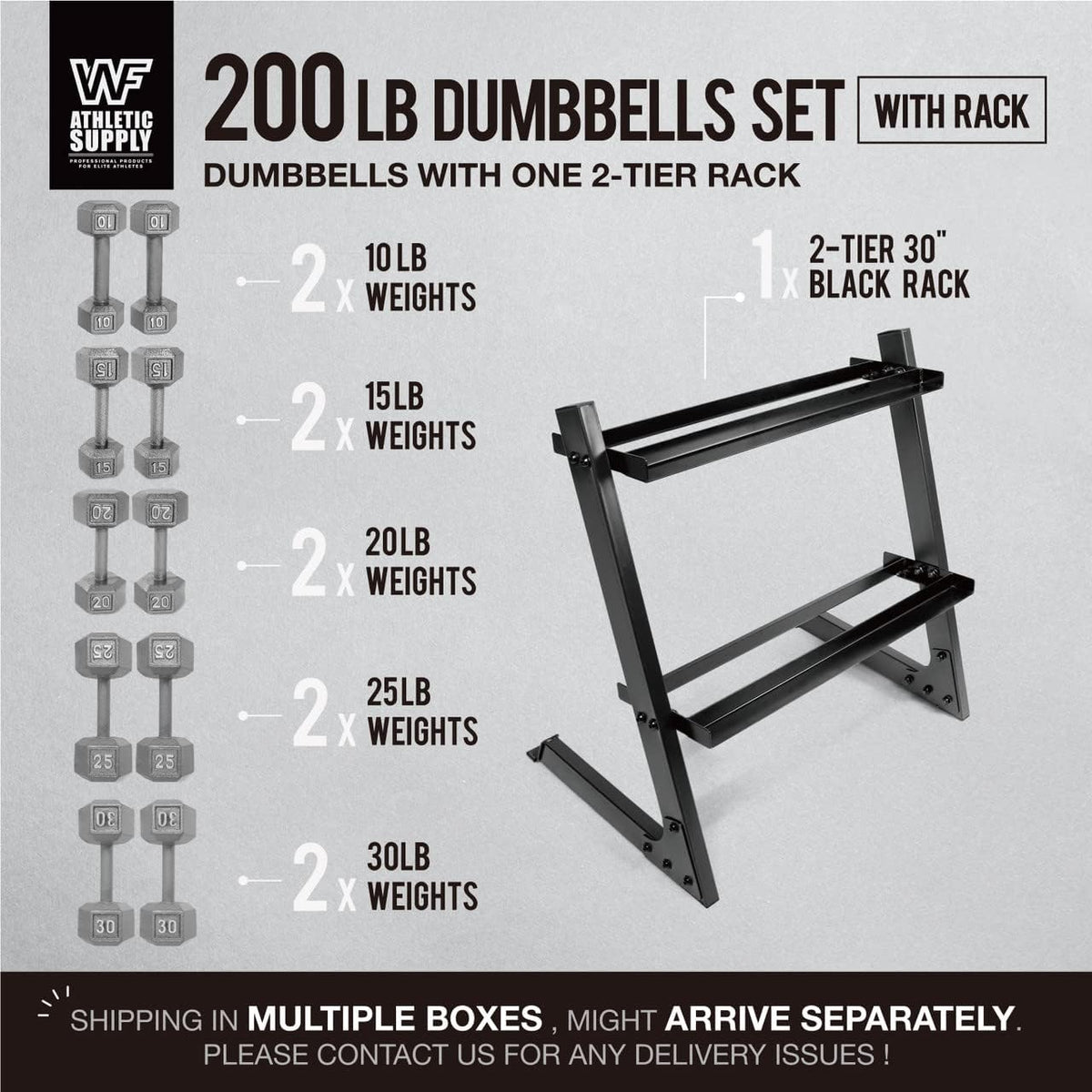 WF Athletic Supply 200Lb Dumbbell Set, 10-30Lb Dumbbell Set with Two-Tier Storage Rack for Muscle Toning, Strength Building & Weight Loss - Multiple Choices Available