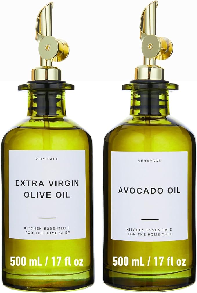 Verspace UV-Protected Green Glass Olive Oil Dispenser Bottles For Kitchen - 2 Pack - 17oz Includes 40 Kitchen Essential Labels, Avocado Oil Dispenser Set, Modern Decor for Home, Airbnb, Cafe Set of 2