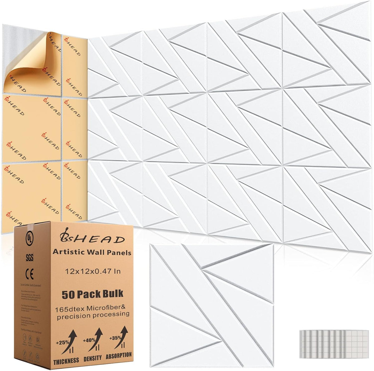 50 Pack Bulk Self-Adhesive Soundproof Wall Panels, 12 x 12 x 0.47 In Sound Proof Foam Panels for Walls, 1.2lb/ft³ High Density, Thicker 0.47in, Acoustic Panels, Duty for Large Walls White