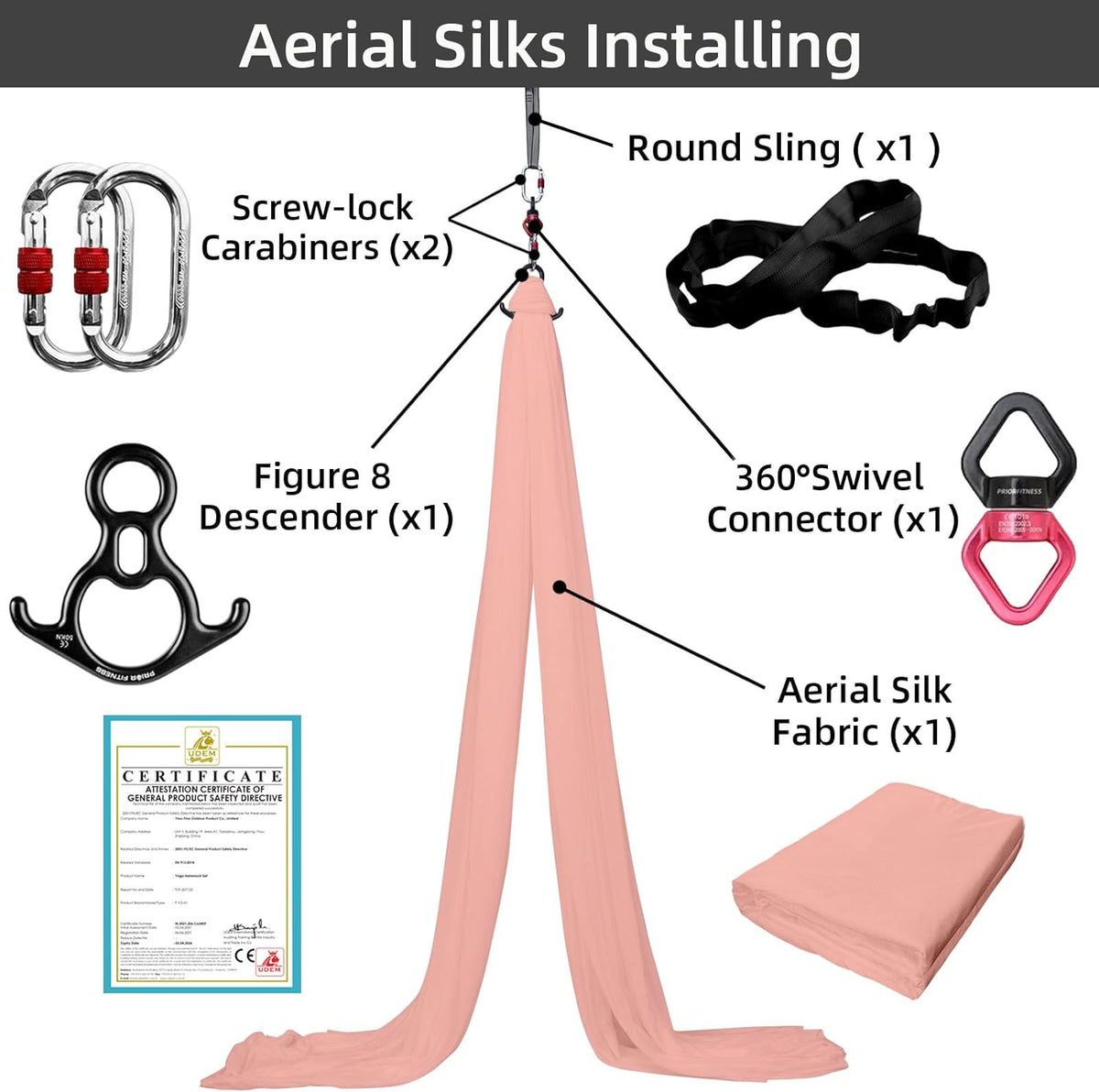 PRIOR FITNESS Aerial Silks Kit Colorful 9/15/20 Yards 40D Nylon Fabric Hammock Set With Hardware & Guide for All Levels Of Aerial Yoga Practice and Acrobatic Flying For Adults Aerial silk