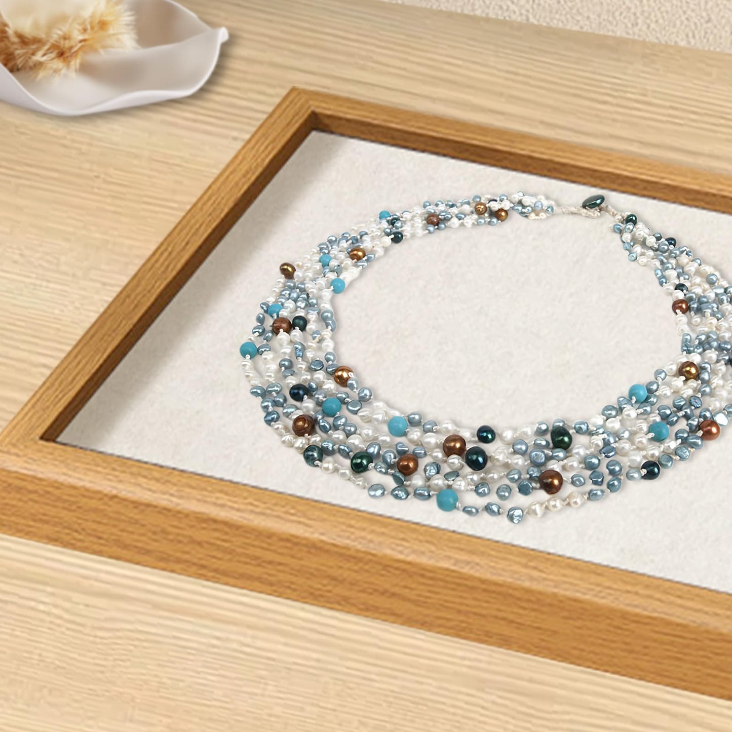 Handmade BOHO Freshwater Pearl Necklace - Pearl Clasp with 4-5mm Multicolor Round Pearls, 20" with Turquoise Multiple Strands Baroque Luxury Jewelry Gift