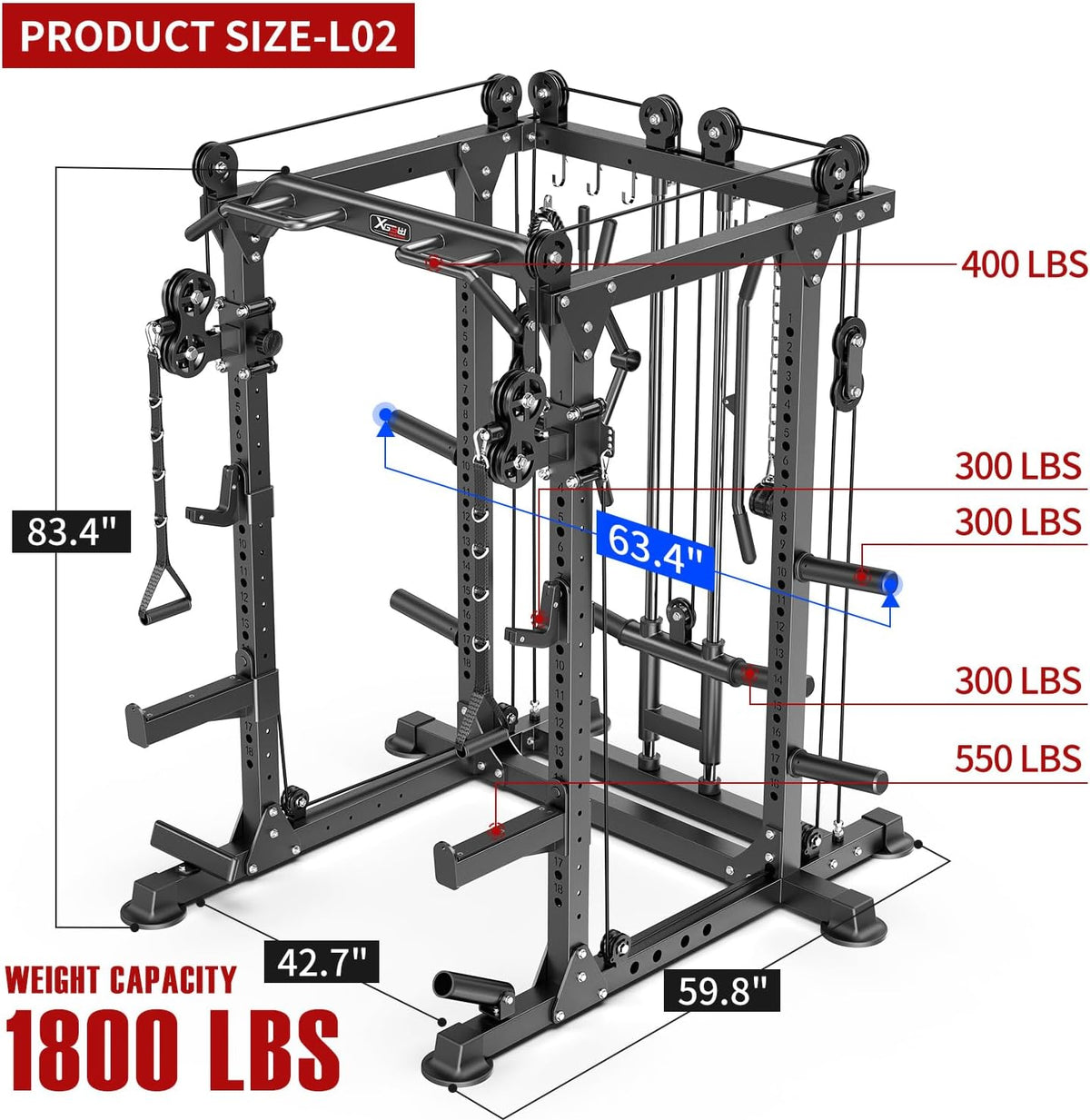 Power Rack Power Cages Multi-Function Squat Rack with Cable Crossover System Selectable More Training Attachment Weight Cage for Garage & Home Gym