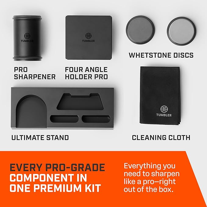 Tumbler Pro Black Rolling Knife Sharpener™ Starter Set - Knife Sharpening Made Easy - Sharpening Kit Includes Magnet Holder Pro, Whetstone Upgrade Discs (3000 & 6000 Grit) & Weighted Pro Stand