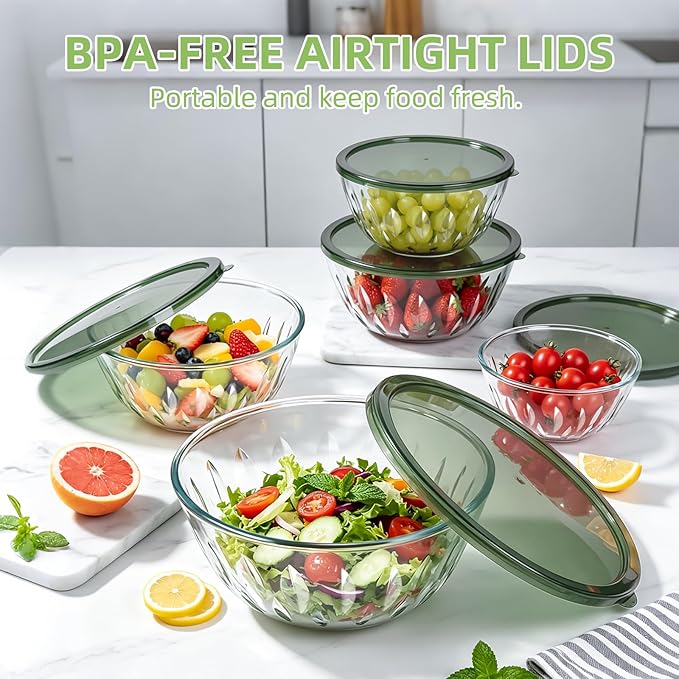 Luvan 5-Pack Glass Mixing Bowls with Lids Set - Leaf Pattern Clear Serving Bowls with Dark Green Translucent Lids, Nesting Borosilicate Salad Bowl, Dishwasher & Microwave Safe