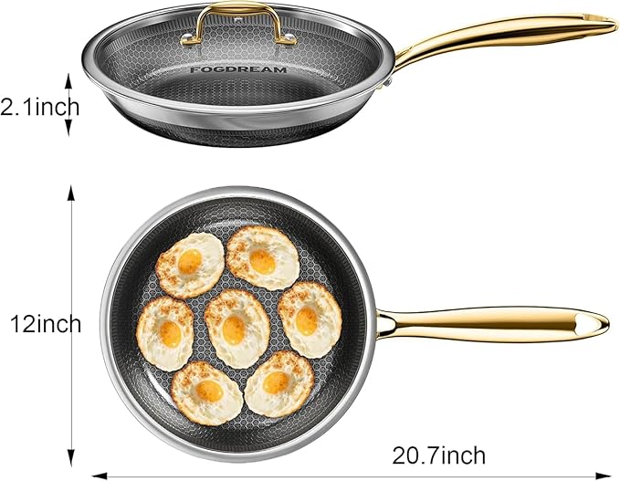 FogDream 12 Inch Stainless Steel Frying Pan with Lid, Honeycomb Hybrid Nonstick Skillet for Induction & All Cooktops, PFAS/PFOA/PTFE Free, Oven Safe to 500°F, Stay-Cool Handle, Dishwasher Safe, Gold