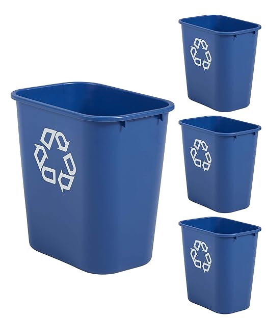 Rubbermaid Commercial Products Deskside Recycling Can, 7-Gallon/28-Quart, Blue Recycling Symbol, Plastic, for Bedroom/Bathroom/Office/Under Desk/Sink, Pack of 4