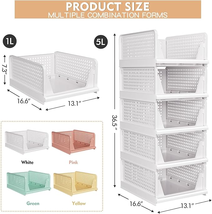 5 Pack Stackable Closet Storage Basket - Stackable Storage Bins, Multifunctional & Foldable Closet Organizer Waterproof, Wardrobe Cupboard Space-Saving Hat Storage Drawer Organizer, White