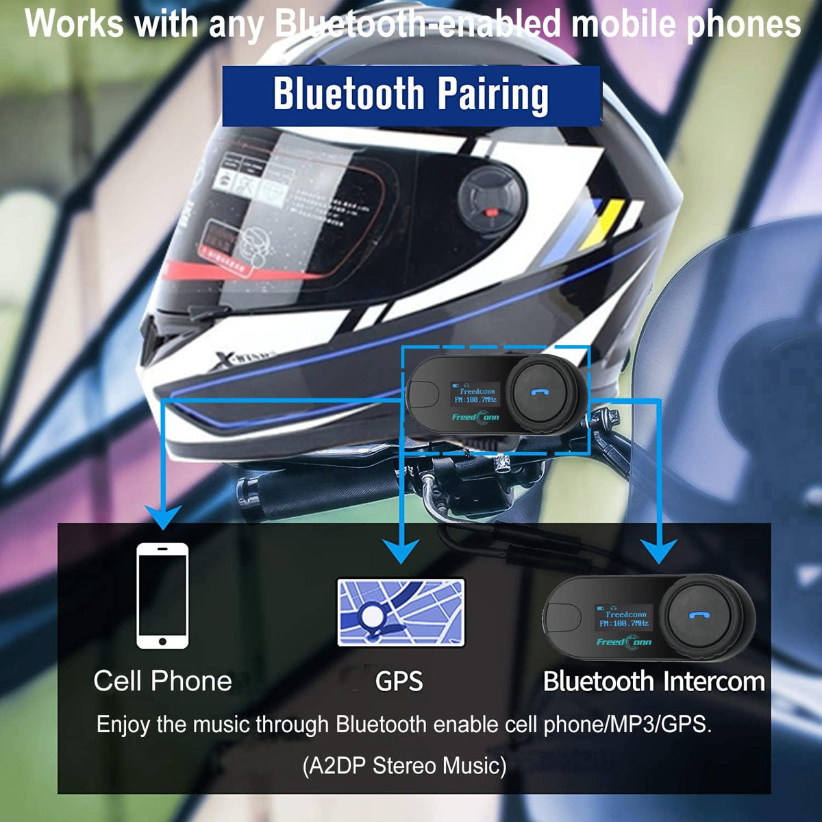 FreedConn 1pcs TCOM-SC Bluetooth Motorcycle Headset,2-3 Riders Helmet Bluetooth Intercom, Universal Communication Systems with Music Sharing/LCD Screen/FM Radio/Mobile Phone/GPS/Waterproof