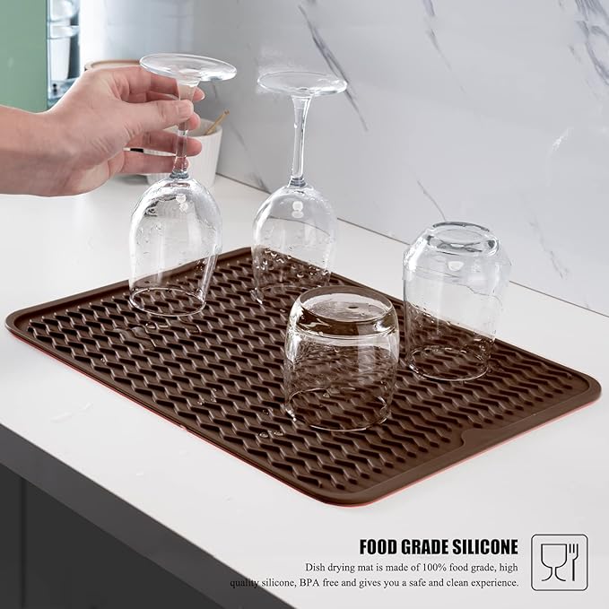 Silicone Dish Drying Mat, Non-Slip Easy Clean Sink Mat Large Heat-resistant Dish Drainer Mat for Kitchen Counter, Sink, Refrigerator or Drawer liner (16" x 12", COFFEE)