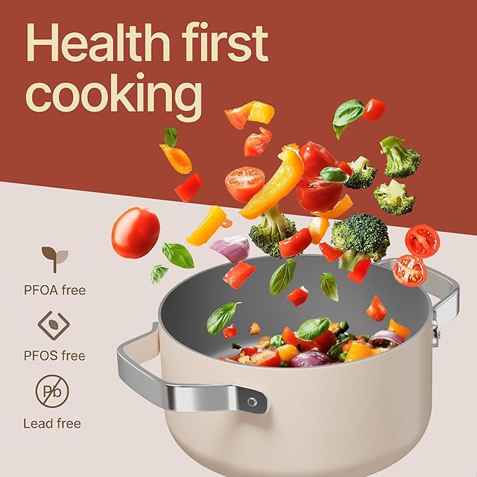 Bakken 3 Quart Ceramic Coated Stock Pot with Lid, Easy to Clean Nonstick Pot, Tempered Glass Lid, Riveted Stainless Steel Handles, Oven Safe Up To 500°F, PTFE & PFAS Free, All Stove Compatible, Cream
