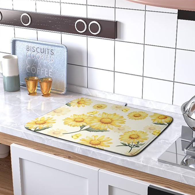 Yellow Sunflower Dish Drying Mat for Kitchen Counter Summer Daisy Floral Dishes Pad Farmhouse Flower Dish Draining Microfiber Absorbent Dish Drainer Rack Mat Large Extra Large 18x24 Inch