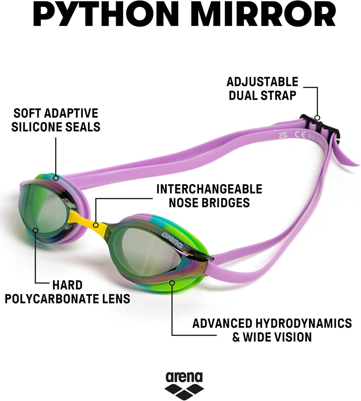 ARENA Unisex Python Racing Swim Goggles for Men and Women Anti-Fog No Leak Max Comfort Dual Strap, Mirror/Non-Mirror Lens