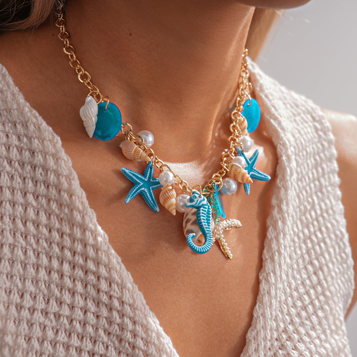 Shell Pearl Starfish Seahorse Charm Necklace For Women Coastal Beach Vacation Seashell Collar Necklace Summer Ocean Choker Ocean Jewelry Gift (Blue)