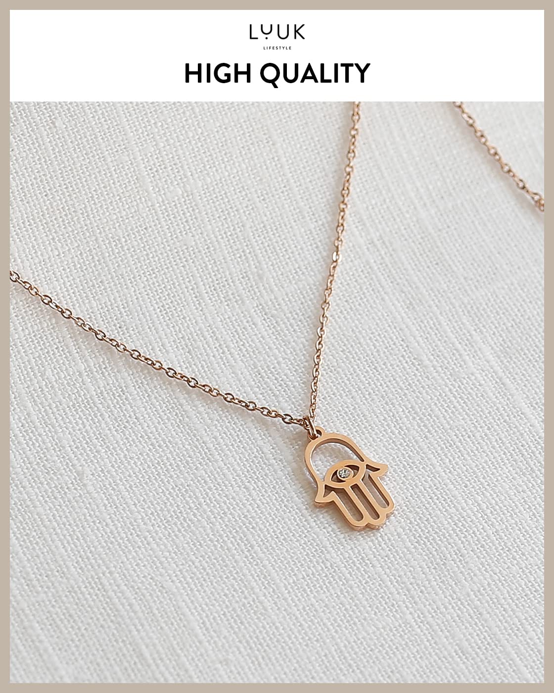 LUUK LIFESTYLE Stainless steel filigree necklace with hand pendant Fatima | Hamsa and HAPPINESS gift card, lucky charm with oriental symbol, feminine jewel from the southern countries, rose gold