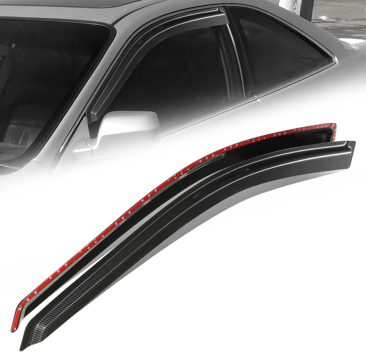 Auto Dynasty 2Pcs Carbon Fiber Pattern Window Visors Compatible with 1998-2002 Honda Accord Coupe, Tape-On Front Window Deflectors Rain Guards Sun Wind Air Side Vent Shade, Glossy Black