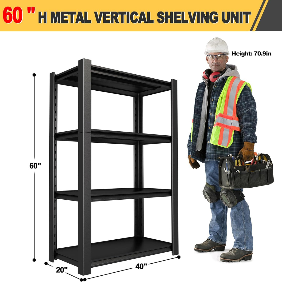60" H x 40" W x 20" D 4-Tier Heavy Duty Garage Shelving Unit, 2000 LBS Capacity Metal Storage Rack,Adjustable Steel Shelves for Garage, Warehouse, Basement, Pantry, Workshop.1 Pack