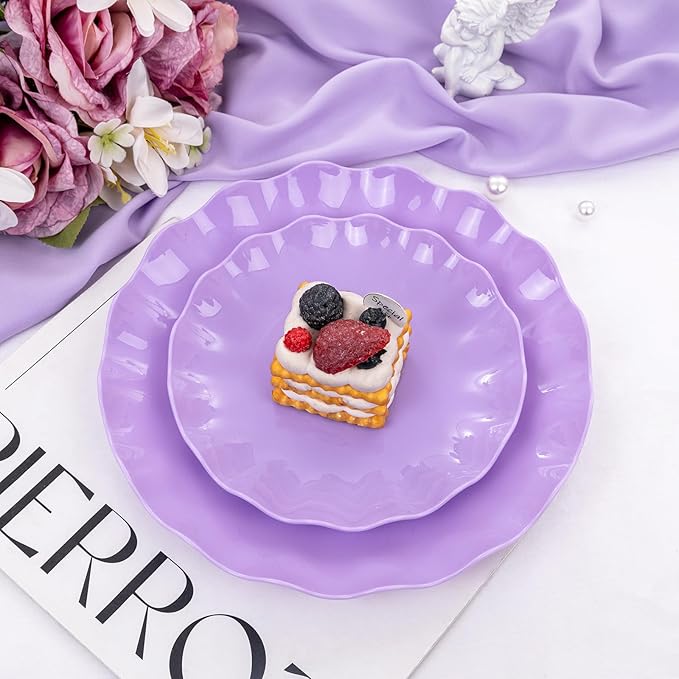 LIYH 24pcs Purple Plastic Plates Reusable, Unbreakable Dinner Plates,Scalloped Plate,Microwave & Dishwasher Safe Unbreakable Party Plate for Birthday (12Guests)
