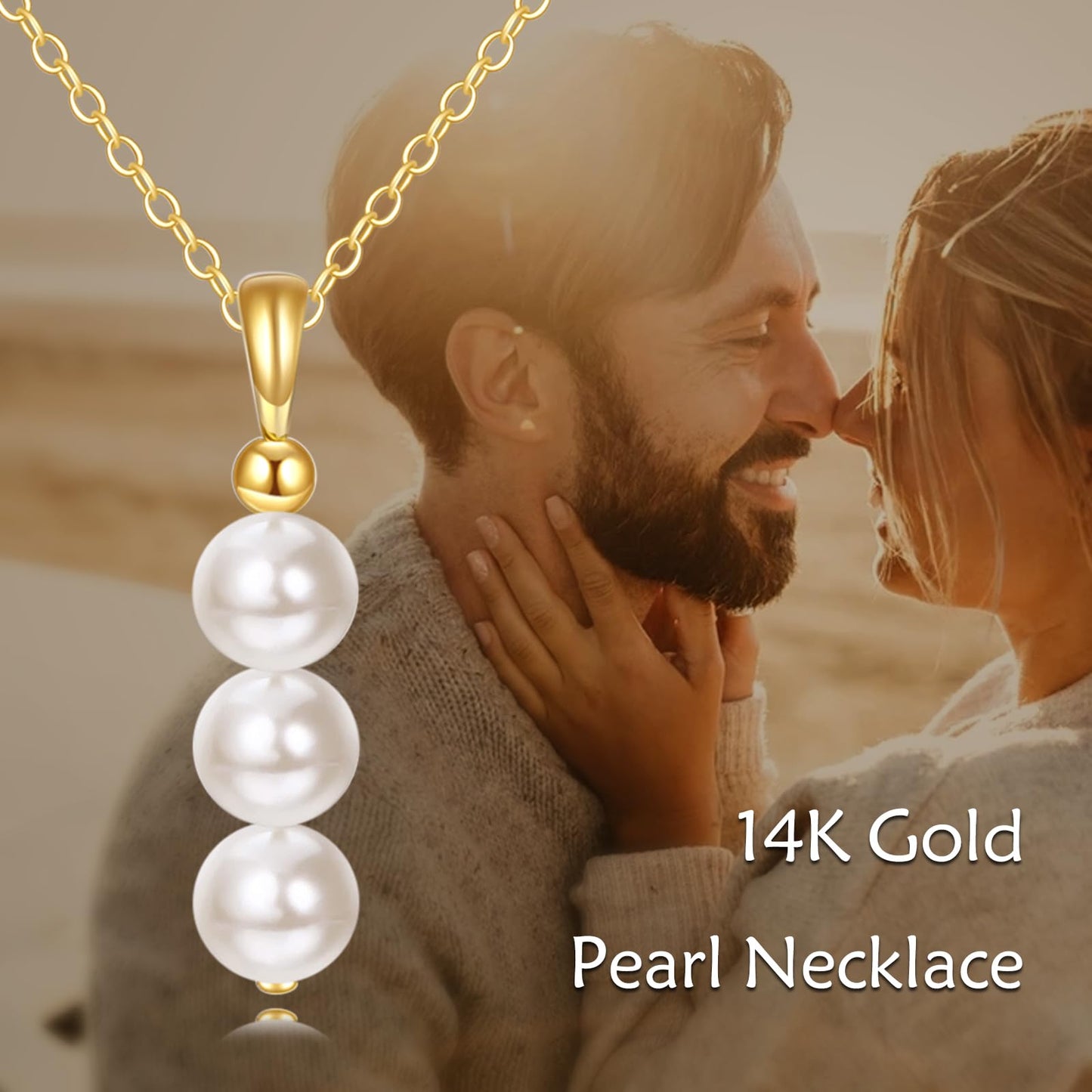 14K Yellow Gold Pearl Necklace for Women,Natural Freshwater Cultured 3 Pearl Necklace Gold Jewelry Gift (05-3 Pearl (6MM) Necklace)
