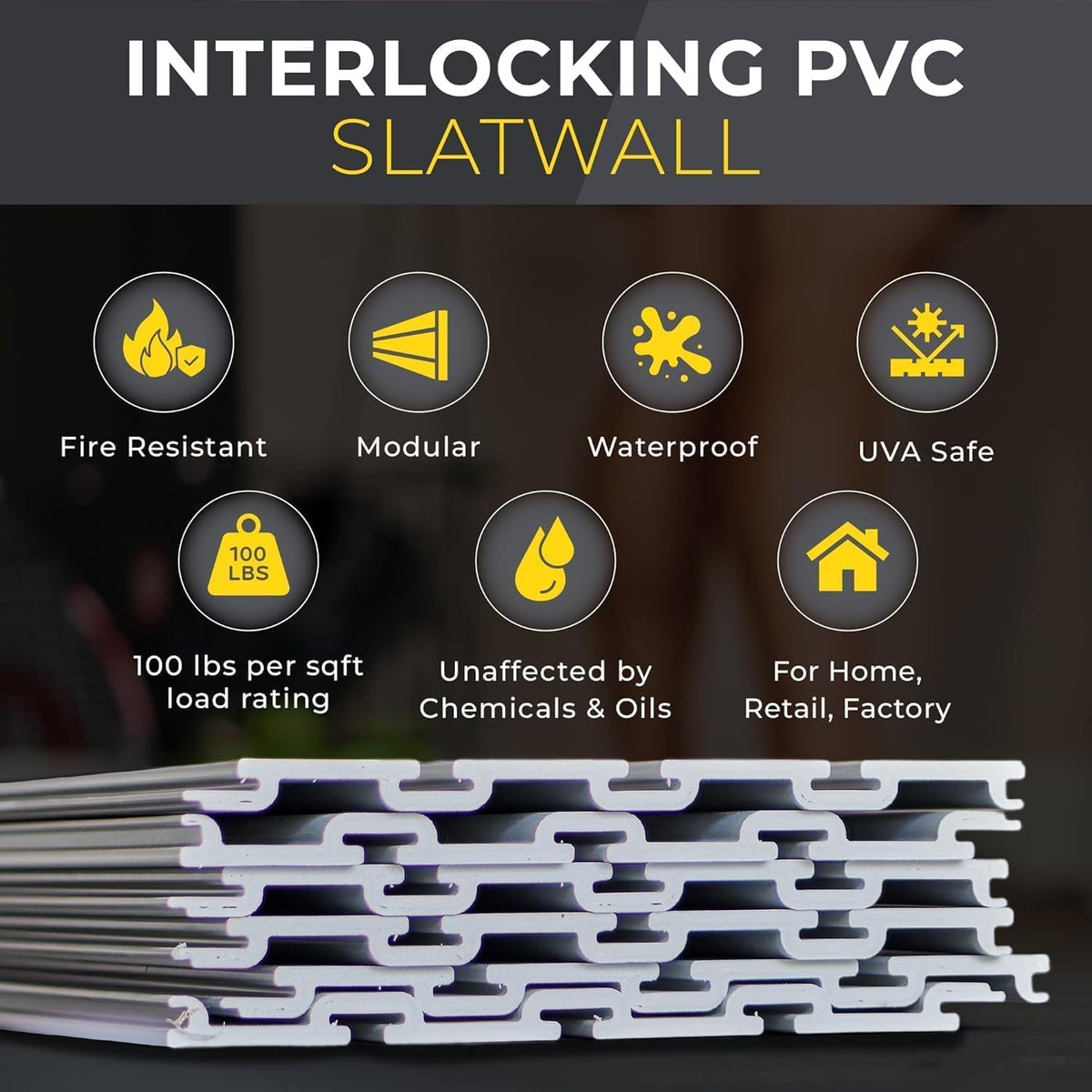 Slatwall Panel Garage Wall Organizer: Heavy Duty Wall Mounted PVC Wall Rack, Interlocking Slat Wall Paneling for Garage Wall Storage, Slatwall Board, Slatwall Shelves System -Black (8’H x 4’W)