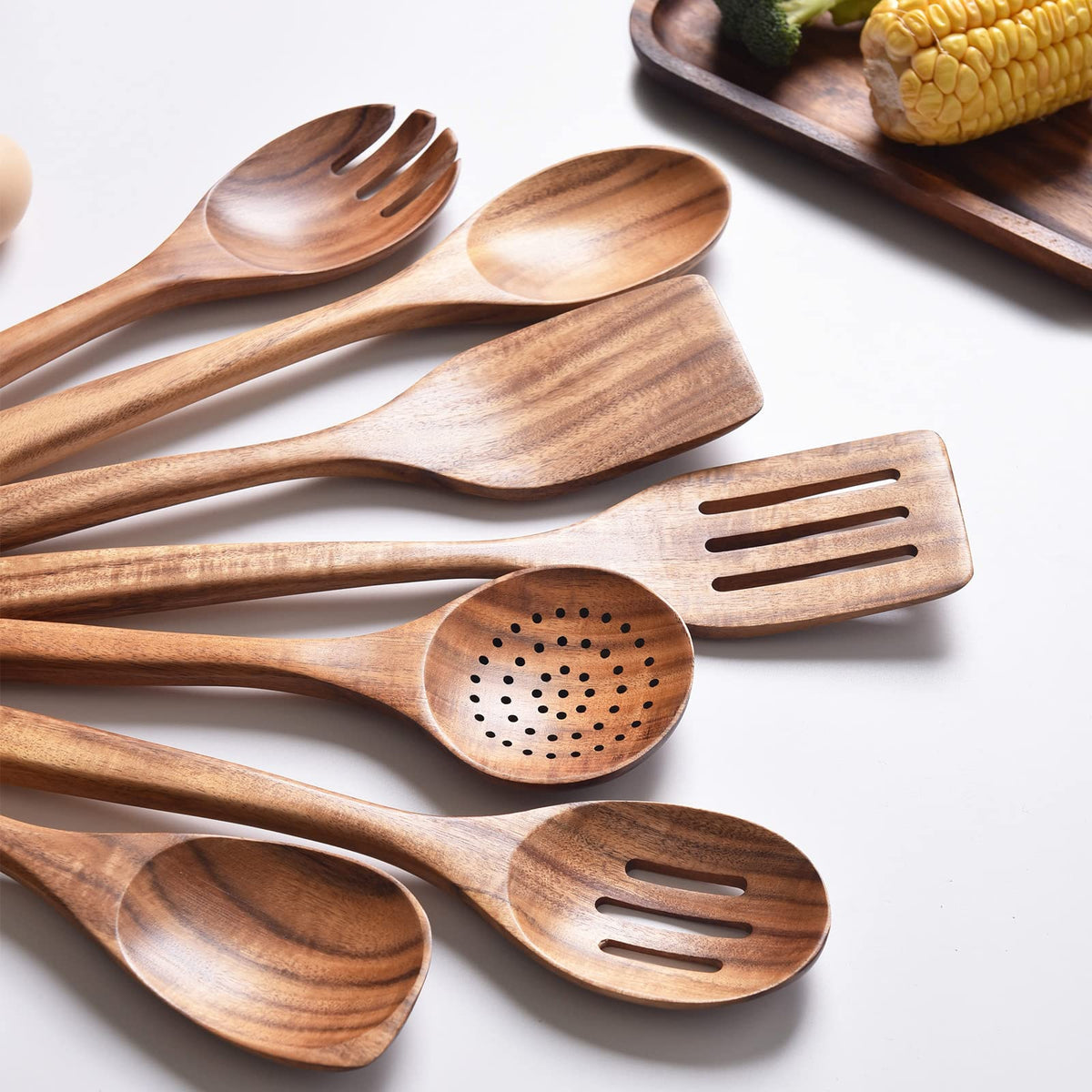 Gudamaye 13 inch Long Wooden Utensils for Cooking, Long Handle Wooden Spoons for Cooking, 7 PCES Crafting Wooden Spoon Set, Wooden Kitchen Utensil set, Natural Teak Wooden utensil Set